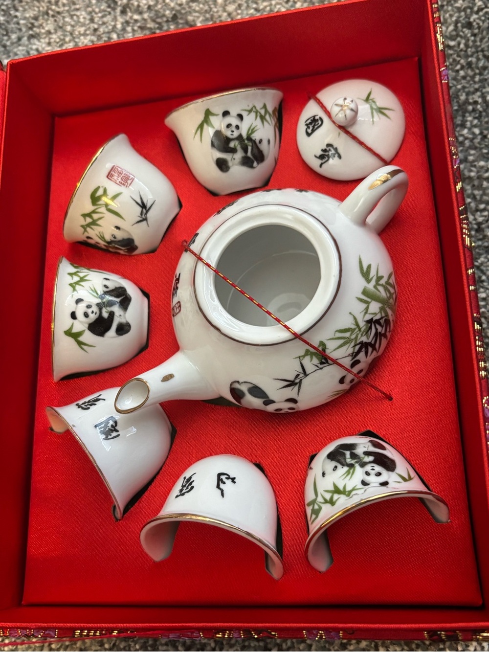 Vintage Chinese Porcelain Miniature Panda Tea Set in Original Red Brocade Box - Picture 2 of 8